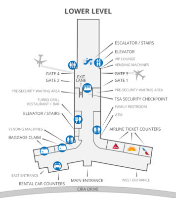 Map of the airport terminal, lower level